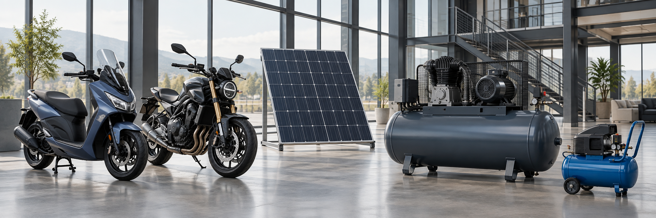 Scuter, motocicletă, panouri fotovoltaice și compresoare finanțabile
