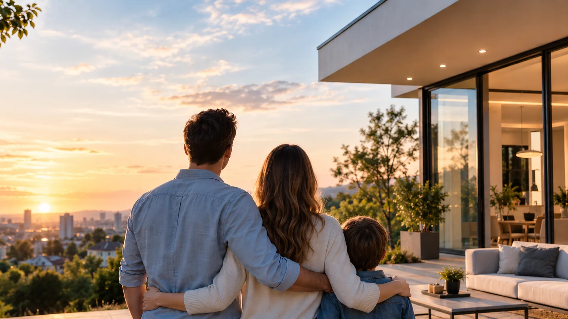 Familie privind panorama de pe terasa unei locuințe moderne