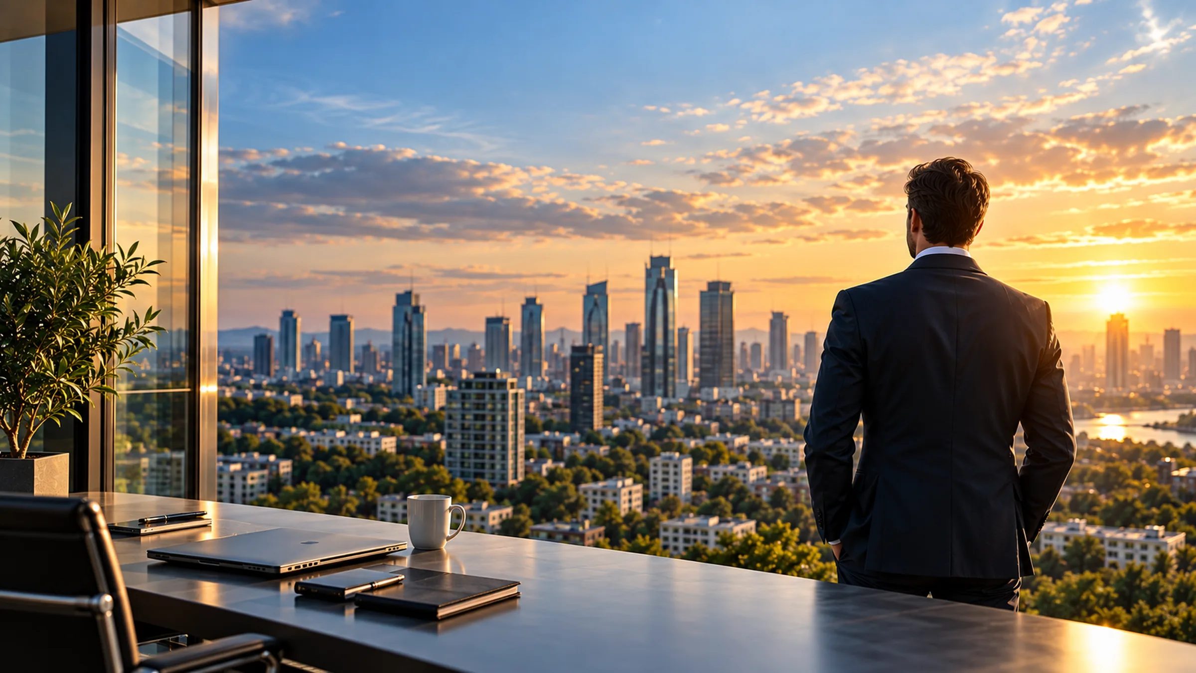Consultant Capital Solution analizând perspectiva orașului dintr-un birou modern