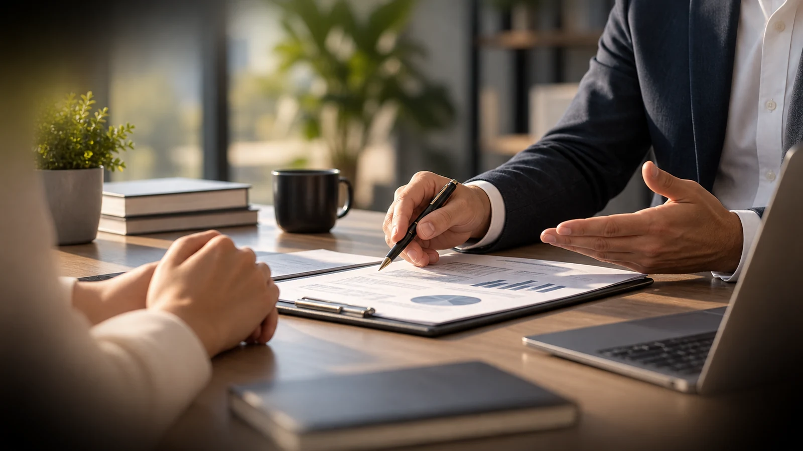 Consultant analizând documente financiare împreună cu clientul